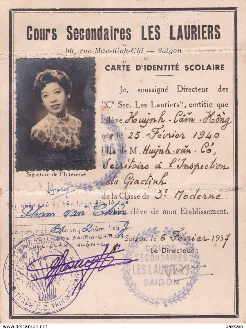 5 Cartes D'identité Scolaire 1956 à 1960 Même étudiante Du Lycée Les Lauriers Rue De Massiges à Saigon Indochine Vietnam - Documenti Storici