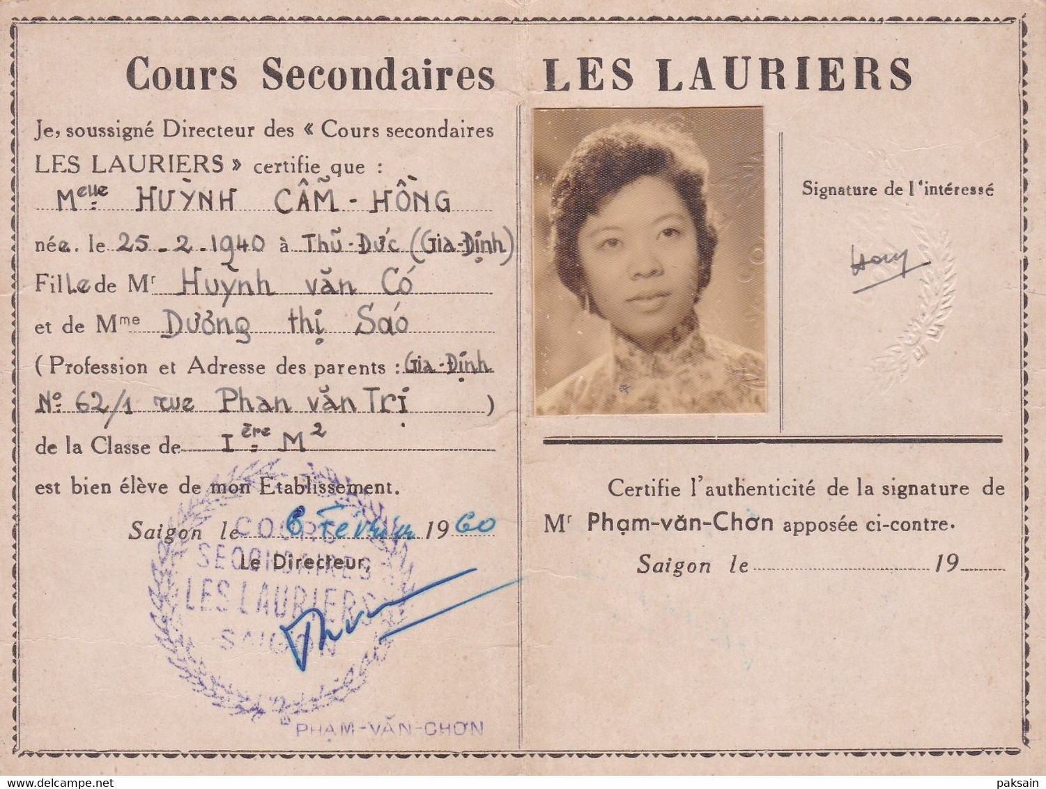 5 Cartes D'identité Scolaire 1956 à 1960 Même étudiante Du Lycée Les Lauriers Rue De Massiges à Saigon Indochine Vietnam - Documenti Storici