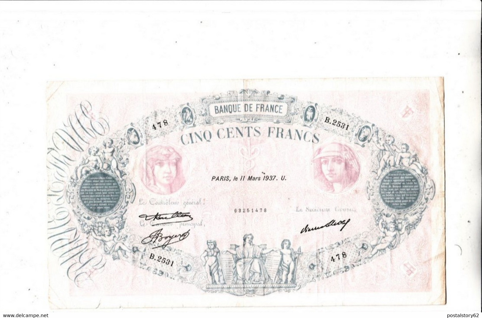 Banque De France - Cinq Cents Francs Bleu Et Rose - 11 Mars 1937 - 500 F 1888-1940 ''Bleu Et Rose''