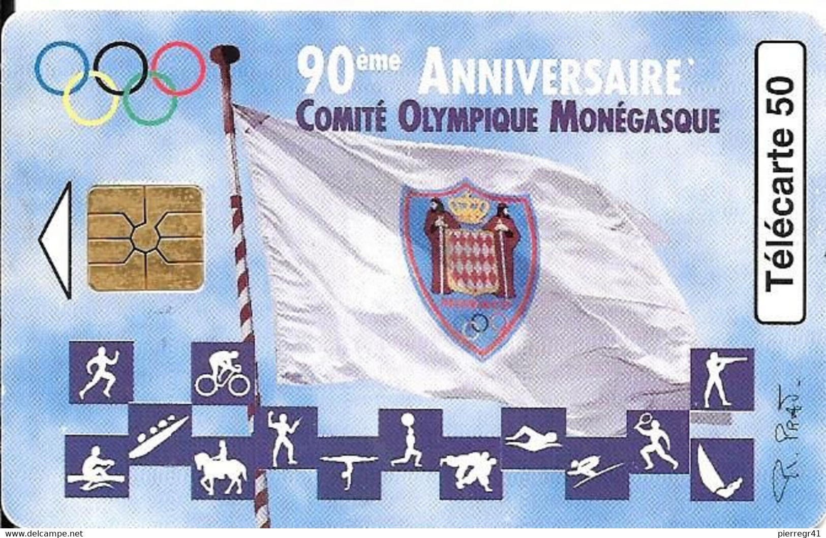 CARTE-PUBLIC-MONACO-50U-MF44A-GEM B-Fond Rouge-04/97-COMITE OLYMPIQUE-V°Pt  DN°Série 4003-UTILISE-BE - Monaco