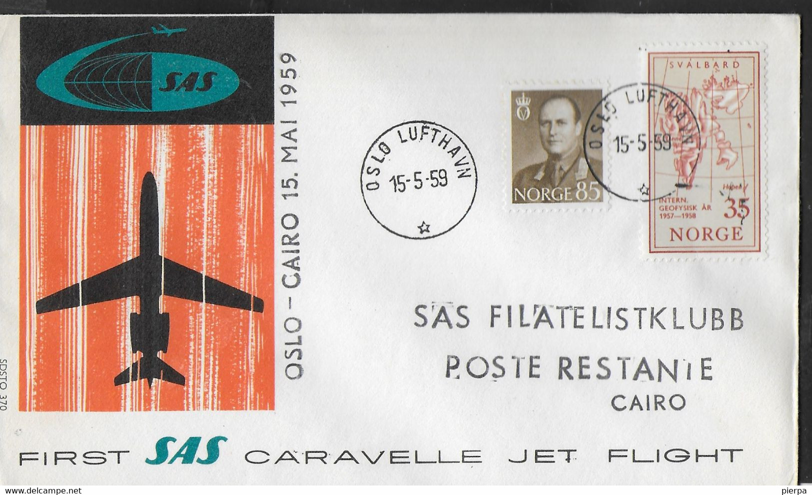 NORGE - PRIMO VOLO - FIRST FLIGHT SAS CARAVELLE - OSLO/CAIRO - 15.5.1959 - SU BUSTA UFFICIALE - Cartas & Documentos