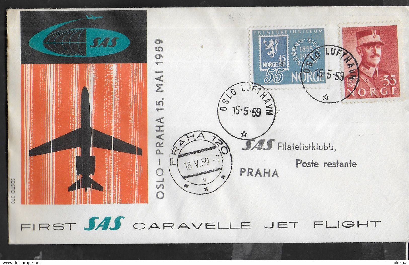 NORGE - PRIMO VOLO - FIRST FLIGHT SAS CARAVELLE - OSLO/PRAHA - 15.5.1959 - SU BUSTA UFFICIALE - Brieven En Documenten