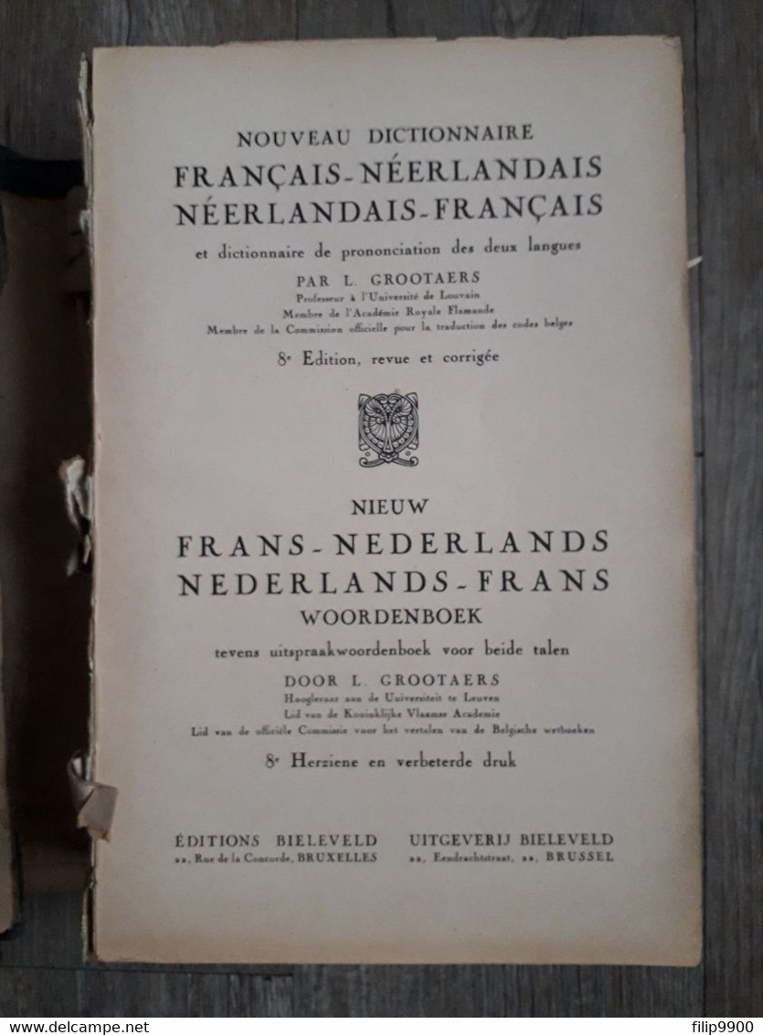 L. Grootaers Frans-Nederlands En Nederlands-Frans Woordenboek 8e Druk 1947, Bieleveld-Bruxelles - Dizionari