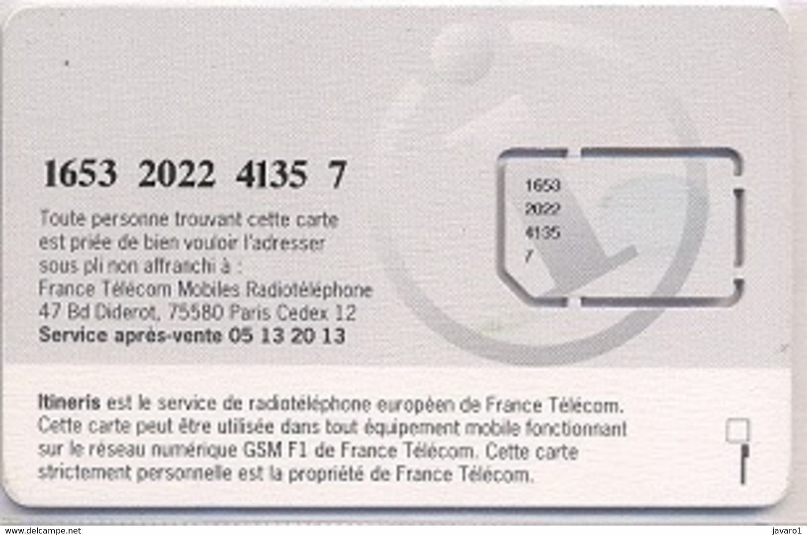 FRANCE GSM Card  : FRA52 ITINERIS MINT - Mobicartes (GSM/SIM)