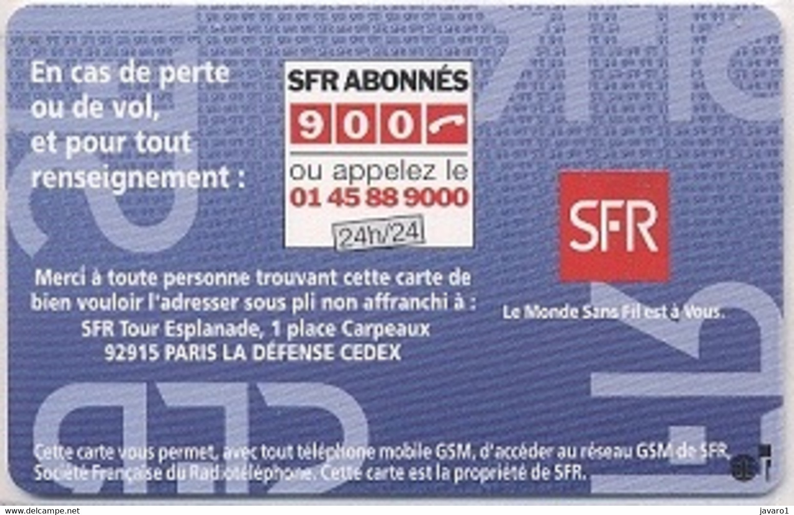 FRANCE GSM Card  : FRA37 SFR Grey Full-iso MINT - Nachladekarten (Handy/SIM)