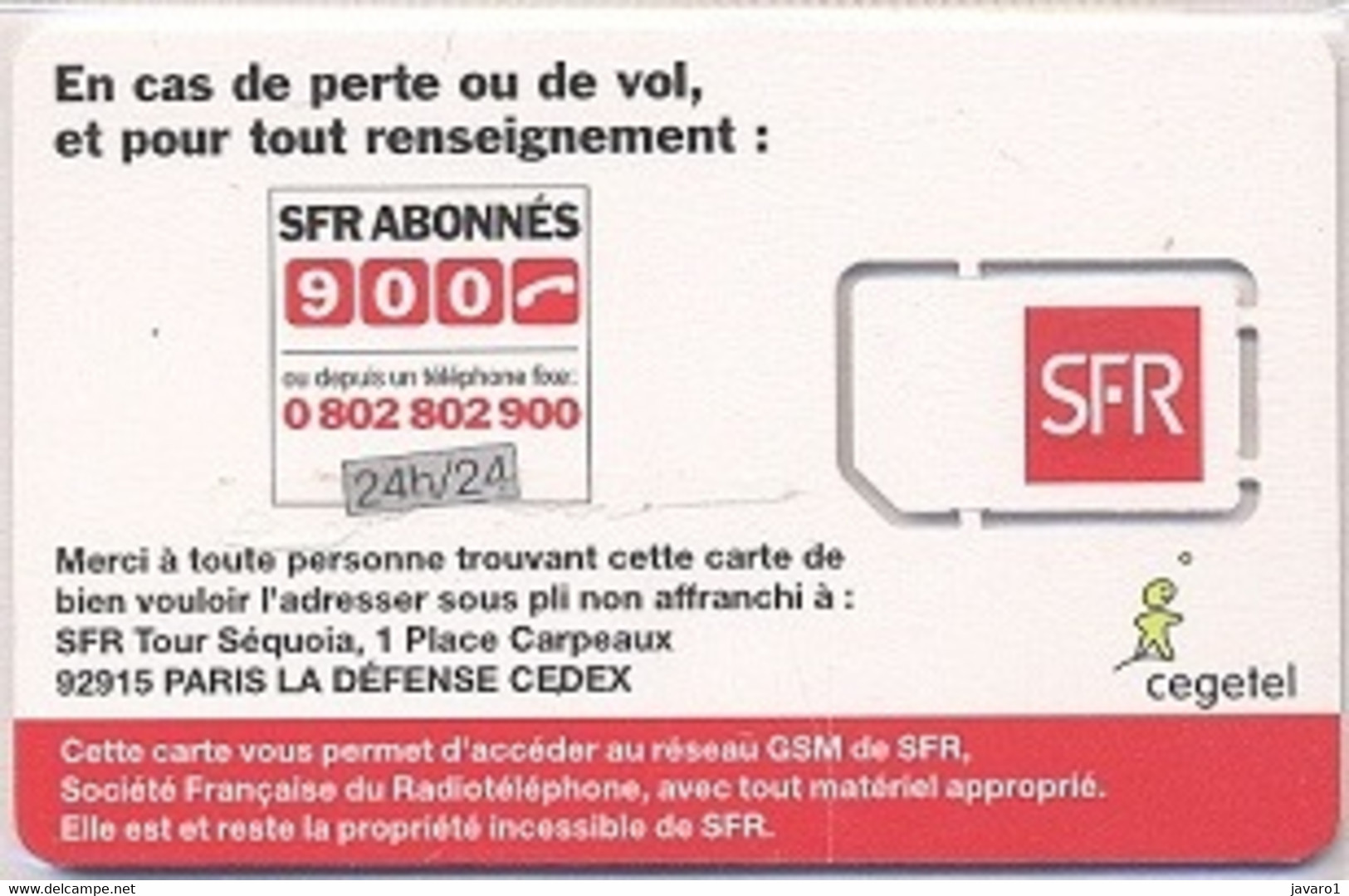 FRANCE GSM Card  : FRA13 SFR (light Printed Text) MINT - Nachladekarten (Handy/SIM)