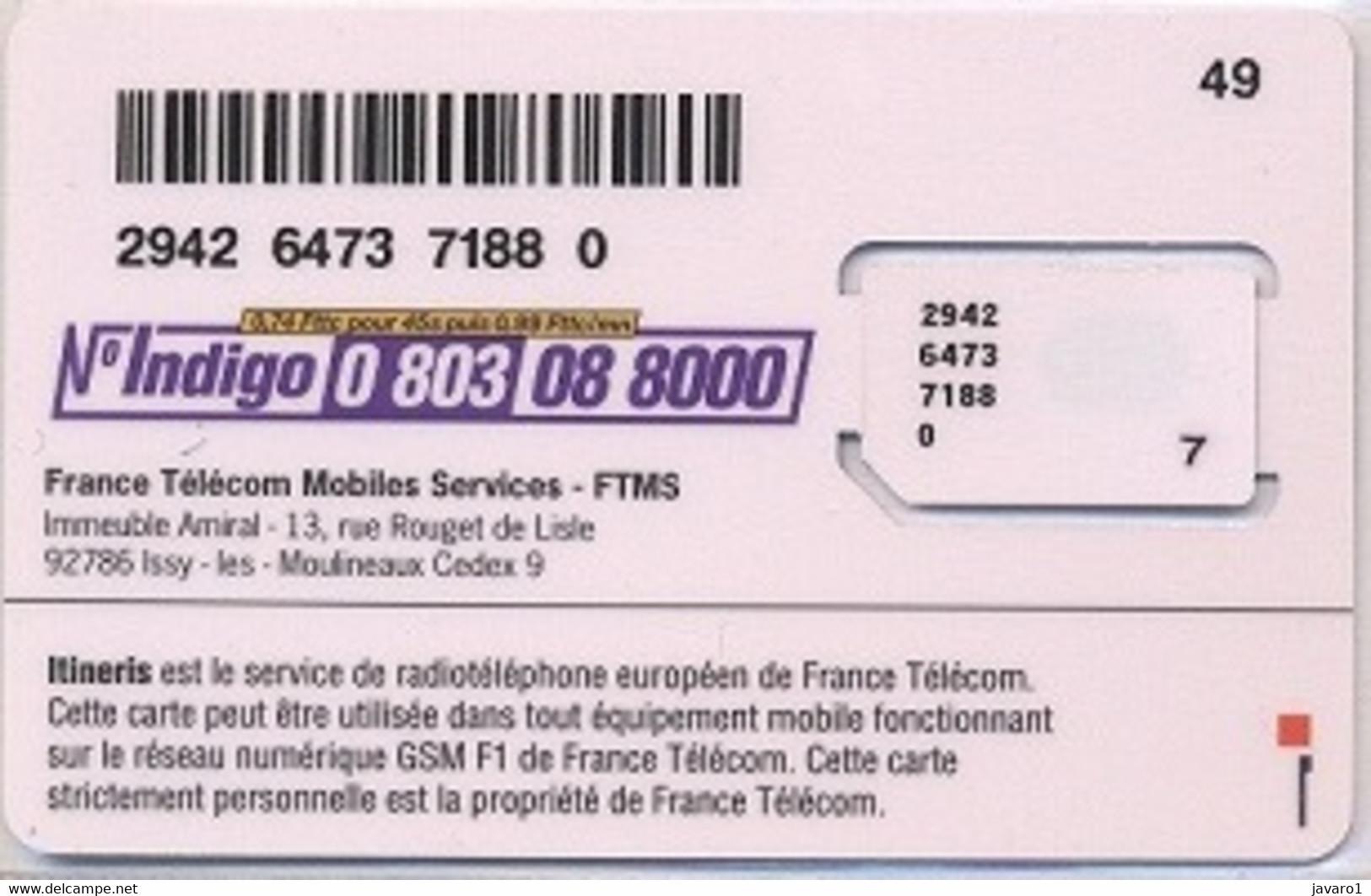 FRANCE GSM Card  : FRA04 ITINERIS FTMS Blue MINT - Mobicartes (GSM/SIM)