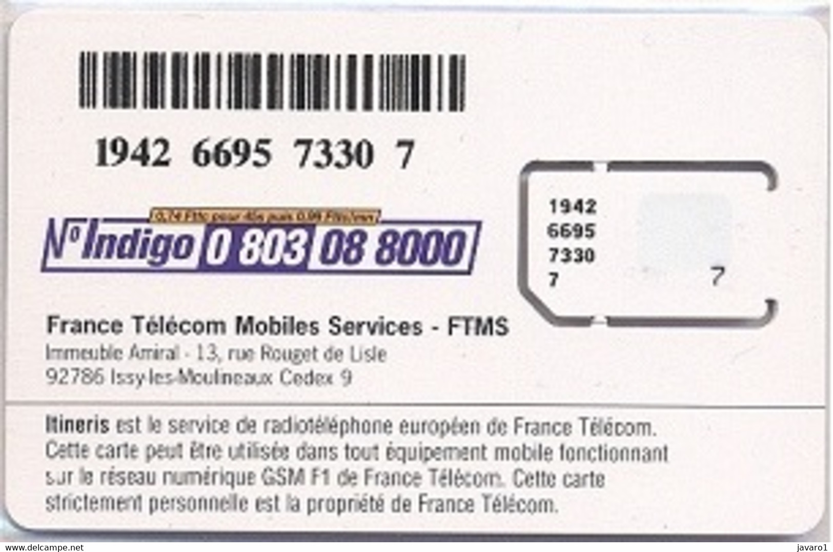 FRANCE GSM Card  : FRA03 ITINERIS FTMS Purple MINT - Nachladekarten (Handy/SIM)