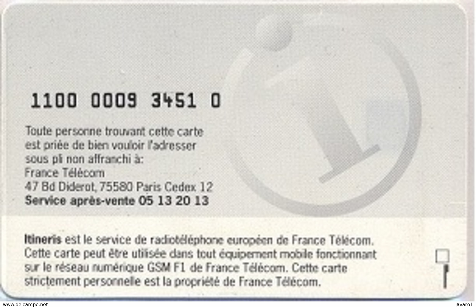 FRANCE GSM Card  : FRA01 ITINERIS Full-iso MINT - Nachladekarten (Handy/SIM)