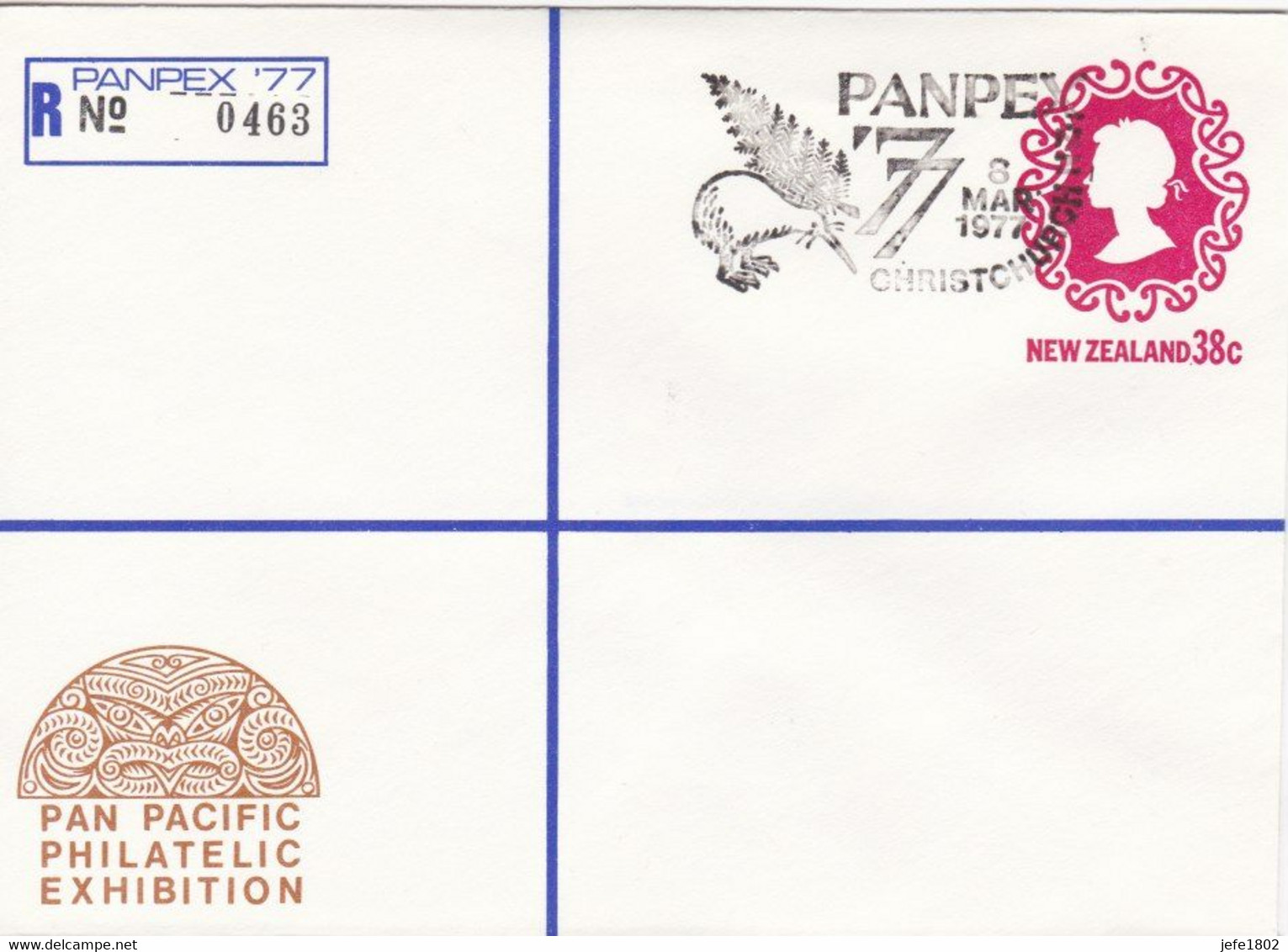 Registered Letter PANPEX '77 - N° 0463 - KIWI And FERN New Zealand National Symbols  - 8 Mar 1977 - Ganzsachen