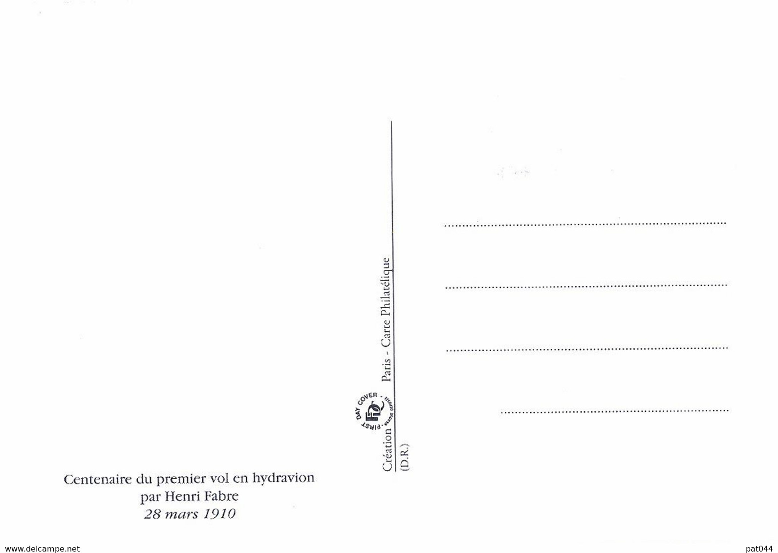 Carte Postale 1er Jour Centenaire Du 1er Vol En Hydravion, Henri Fabre, Oblitération Paris, 2010 (yt PA 73) - Otros & Sin Clasificación