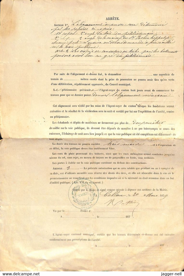 Service Vicinal Commune De Collan - 18 Mars 1879 - Arrondissement De Tonnerre - N° 94 D'ordre - Léger Défaut - Décrets & Lois