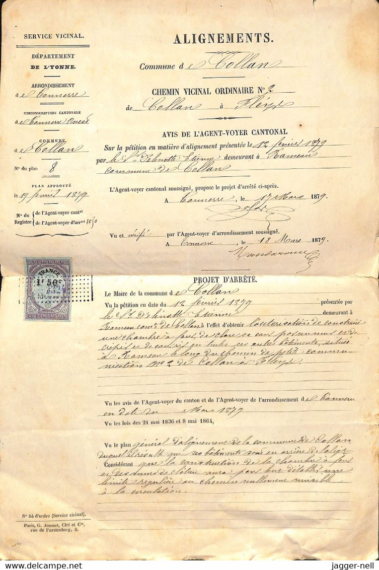 Service Vicinal Commune De Collan - 18 Mars 1879 - Arrondissement De Tonnerre - N° 94 D'ordre - Léger Défaut - Décrets & Lois