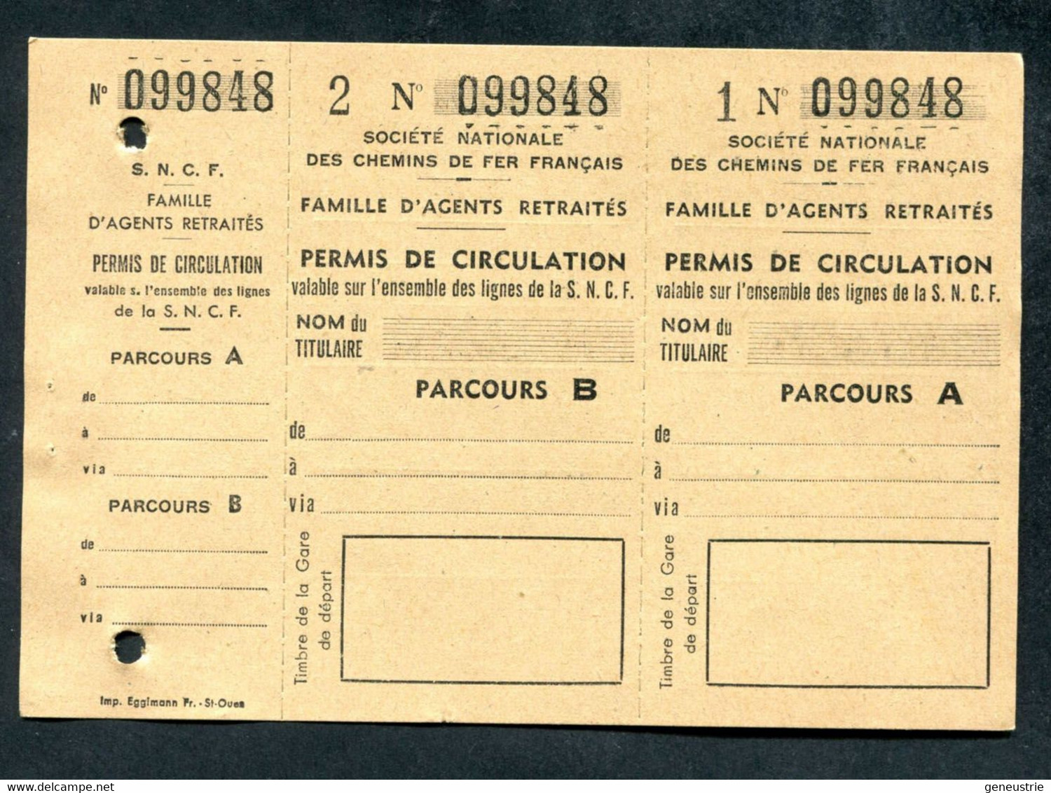 WW2 Billet / Ticket De Train Neuf Vers 1944 "Permis De Circulation - Famille D'Agent SNCF" WWII - Europa