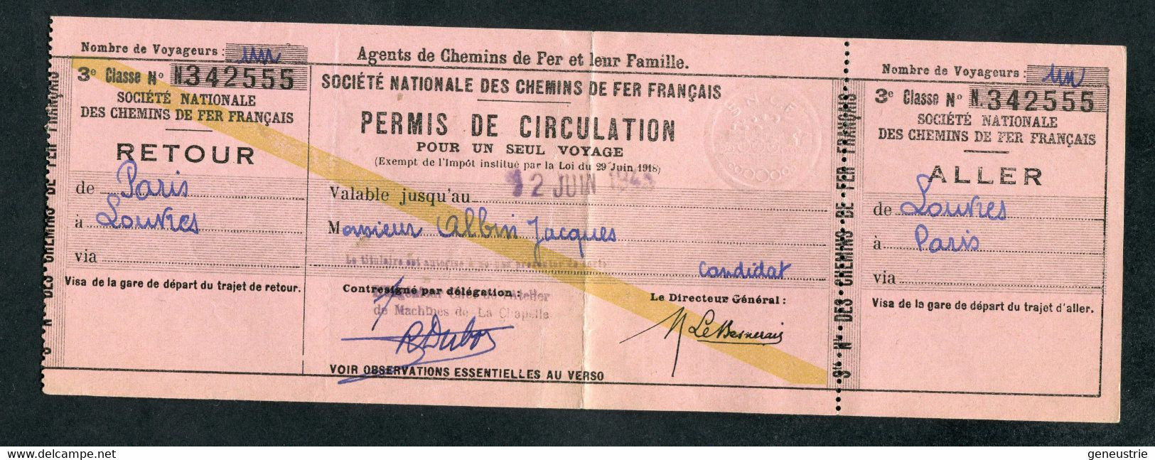 WW2 Billet / Ticket De Train 1943 "Permis De Circulation Des Agents De Chemins De Fer Et Leur Famille SNCF" WWII - Europe