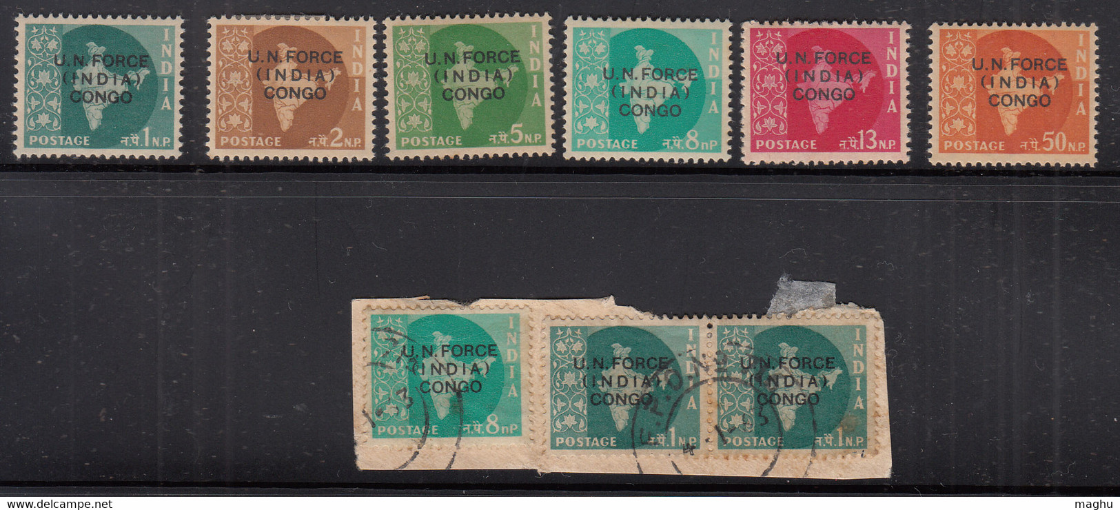 India MH Set Ovpt., Congo + On Piece 3 Map Series  FPO Used In Gaza, UN Force, - Military Service Stamp