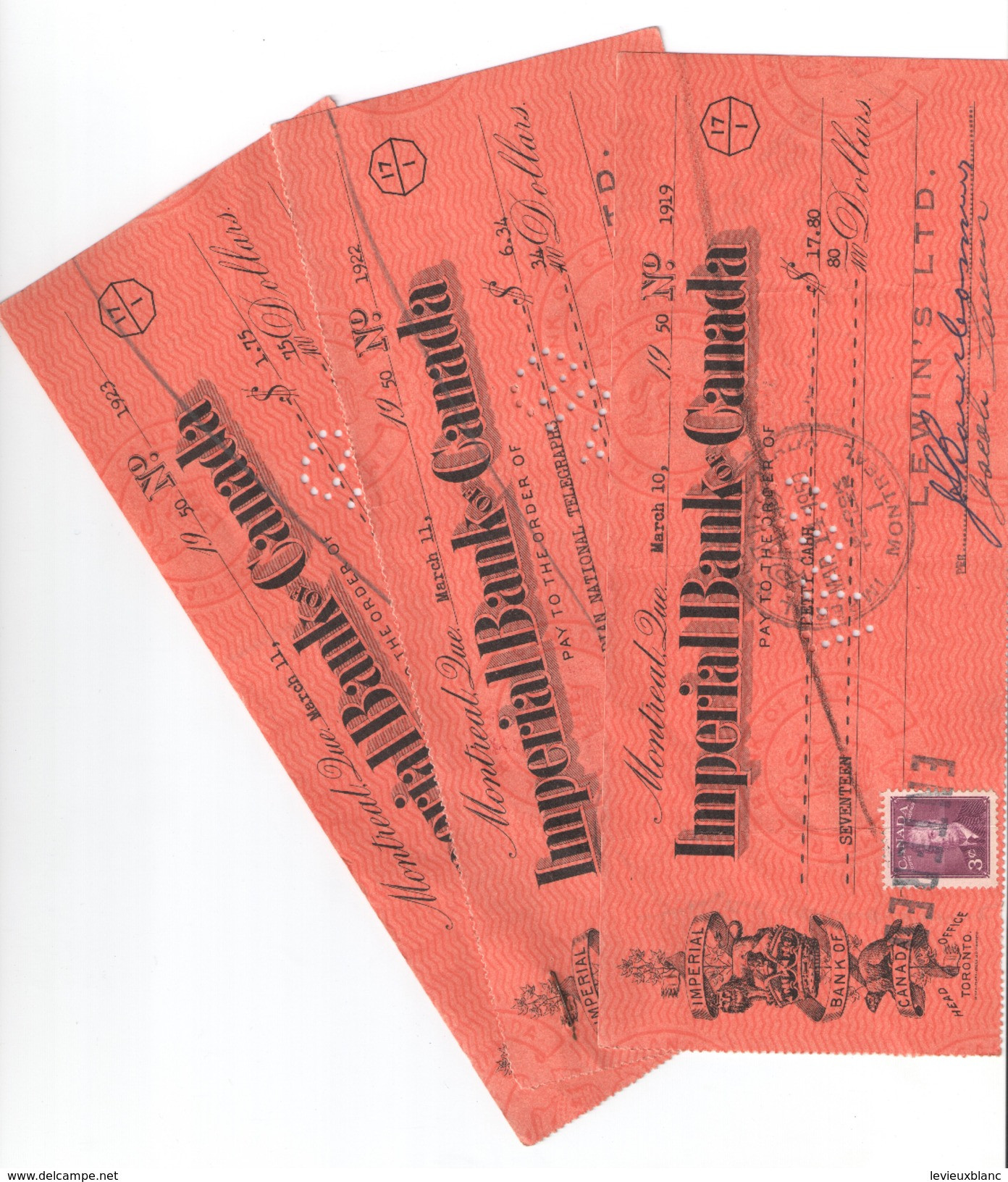 3 Chéques Bancaires/Imperial Bank Of Canada /Montreal/100 Dollars/Avec Bénéficiaires Et Timbres/Mars 1950     BA72 - Chèques & Chèques De Voyage