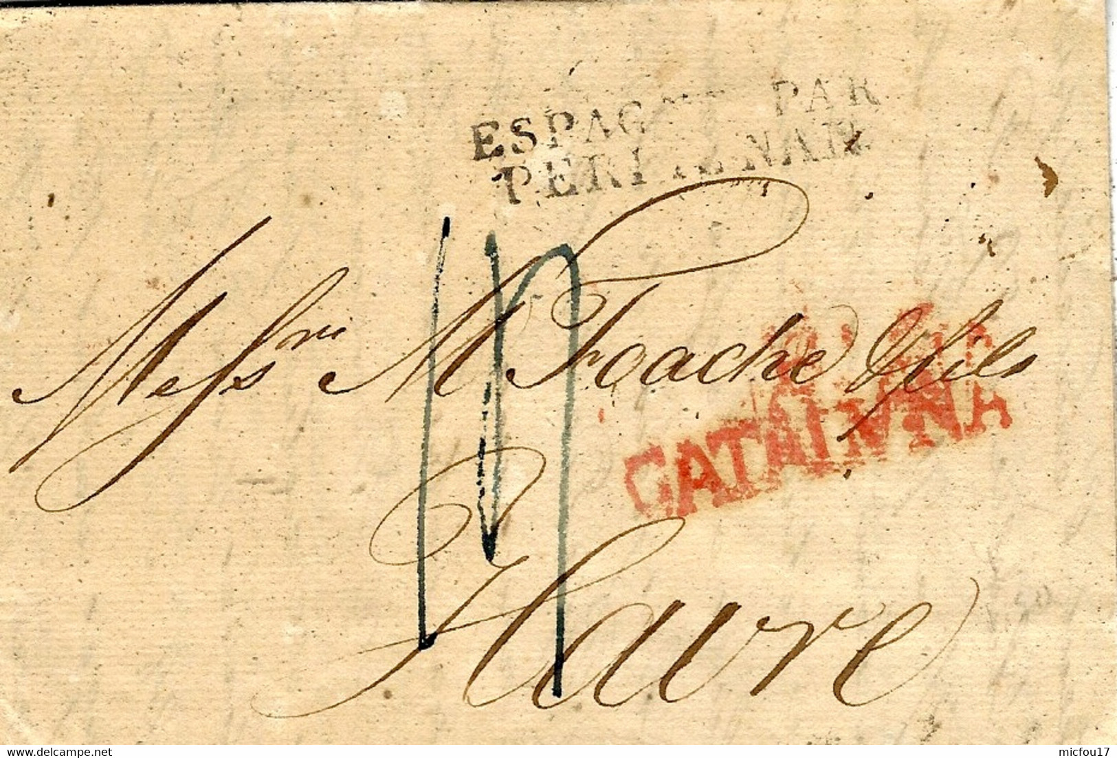 1827- Lettre De Barcelone  Pour Le Havre  Entrée ESPAGNE  PAR / PERPIGNAN  Taxe 14 D - Marques D'entrées