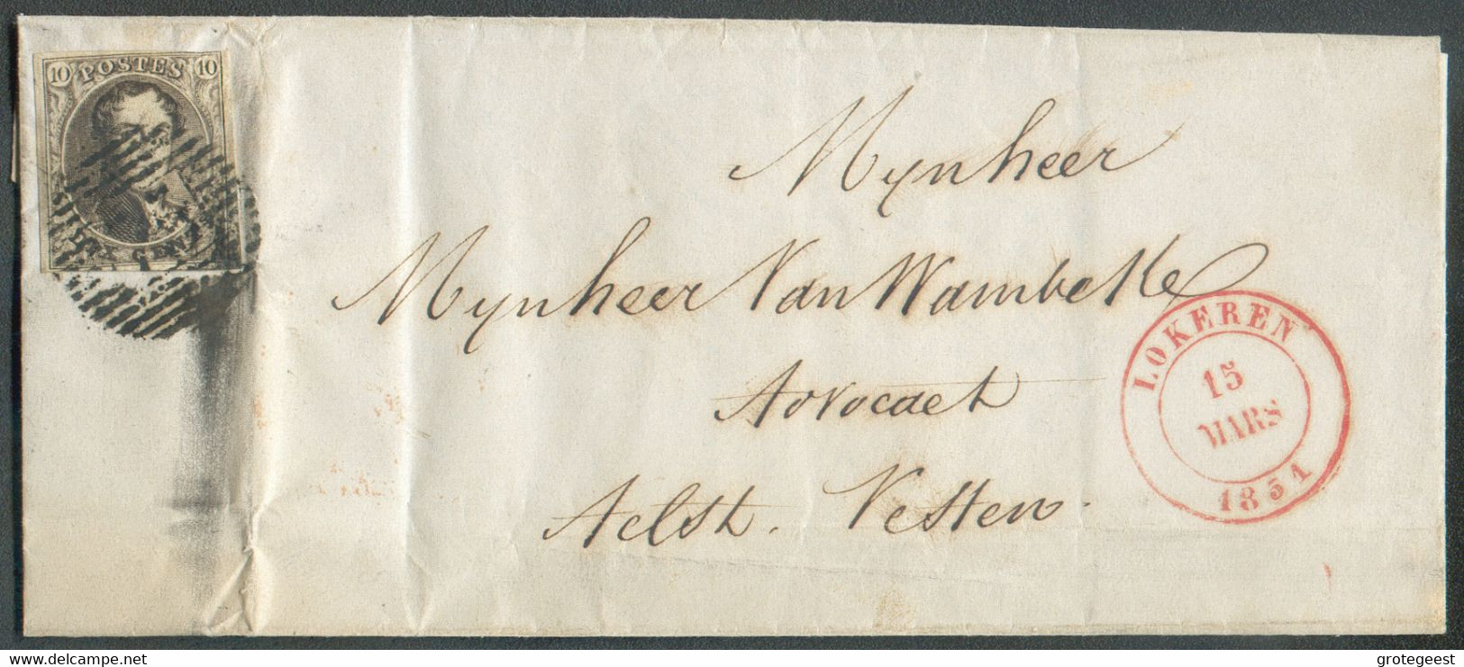 N°3 - Médaillon 10 Centimes Brun, TB Margé, Obl. P.75 S/L. De LOKEREN le 15 Mars 1851 Vers Alost. - B/TB  - 16898 - 1849-1850 Medaillons (3/5)