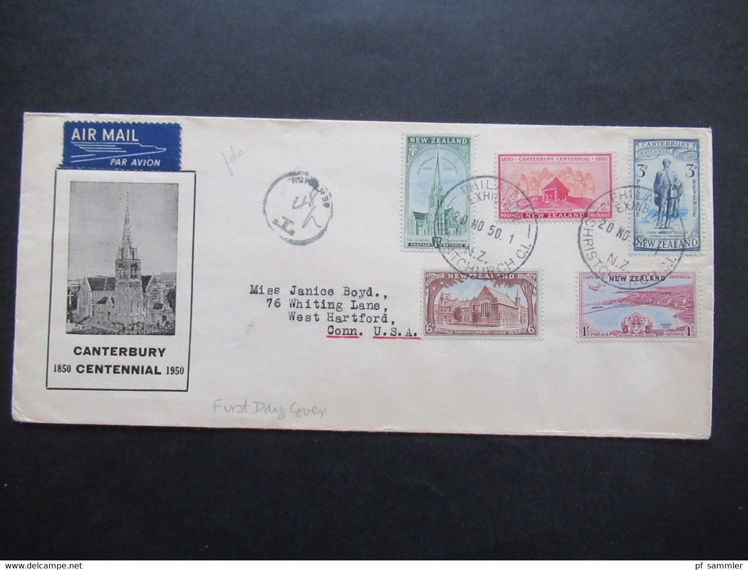 Neuseeland /New Zealand 1950 FDC Canterbury Centennial Philatelic Exihibition Nach West Hartford Gesendet Mit Nachporto - Lettres & Documents