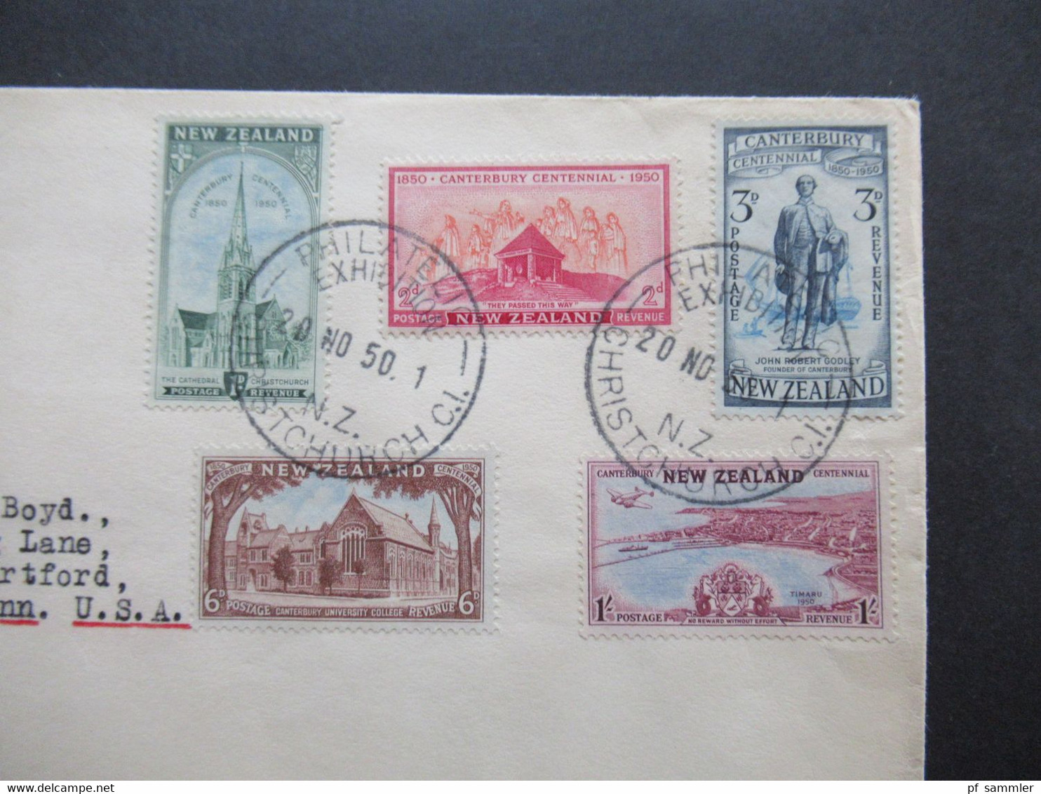 Neuseeland /New Zealand 1950 FDC Canterbury Centennial Philatelic Exihibition Nach West Hartford Gesendet Mit Nachporto - Lettres & Documents