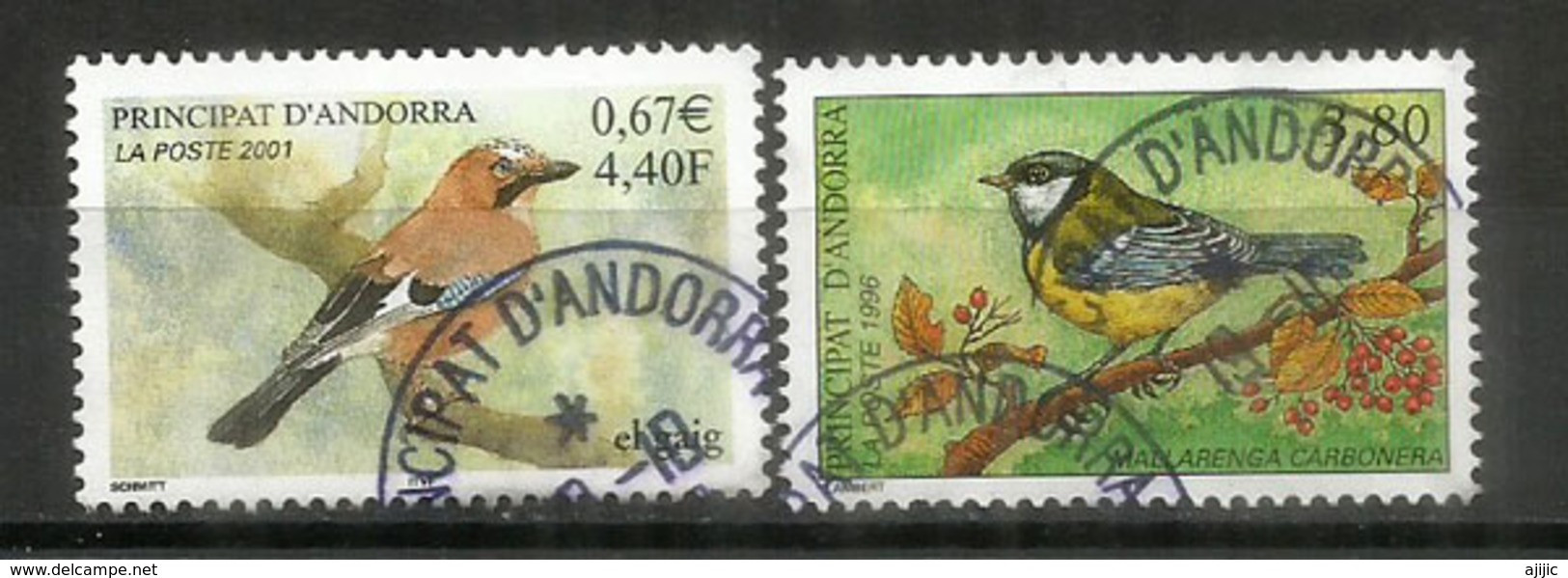 Oiseaux D'Andorre:La Mésange Charbonnière & Le Geai Des Chênes , 2 Timbres Oblitérés, 1 ère Qualité, Oblitération Ronde. - Used Stamps