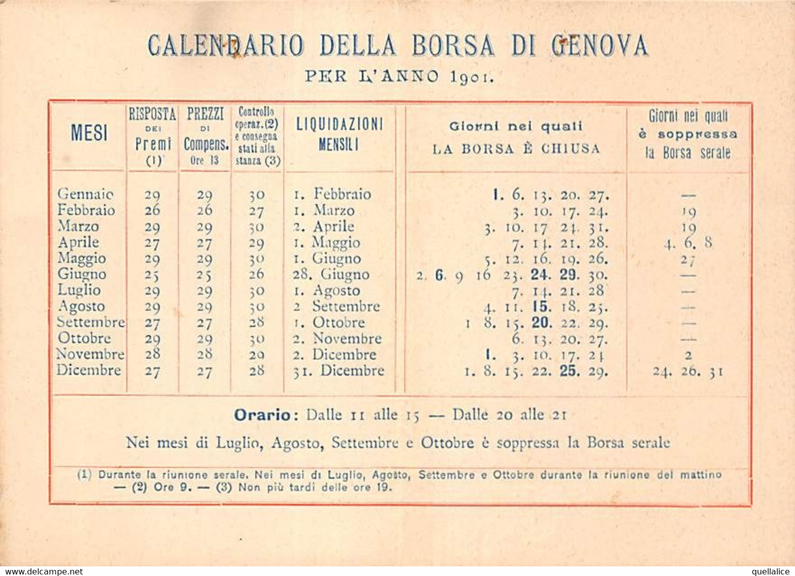 02231 "GENOVA-CALENDARIO DELLA BORSA-I PORTIERI DELLA BORSA AUGURANO FELICI IL NATALE E CAPO D'ANNO 1901" CALENDARIO - Petit Format : 1901-20