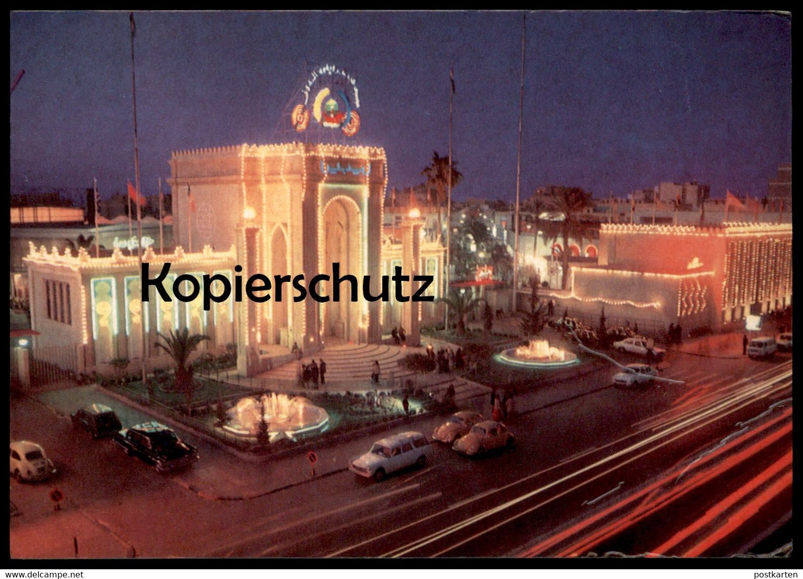 ÄLTERE POSTKARTE LIBYA THE DEVELOPMENT IN THE L.A.R. ENTRANCE OF THE INTERNATIONAL EXHIBITION VW KÄFER Postcard Cpa AK - Libia