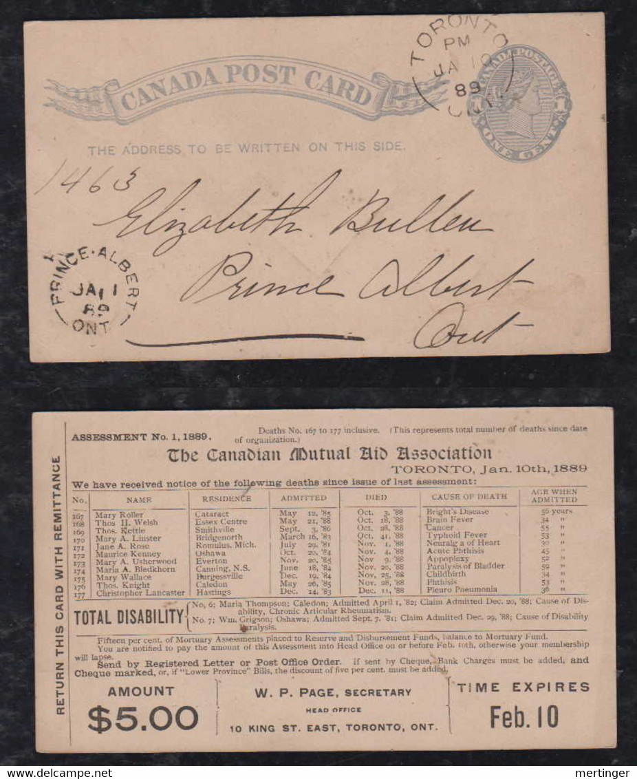 Canada 1889 Stationery Postcard TORONTO To PRINCE ALBERT Private Imprint MUTAL LIFE ASSOCIATION - Brieven En Documenten