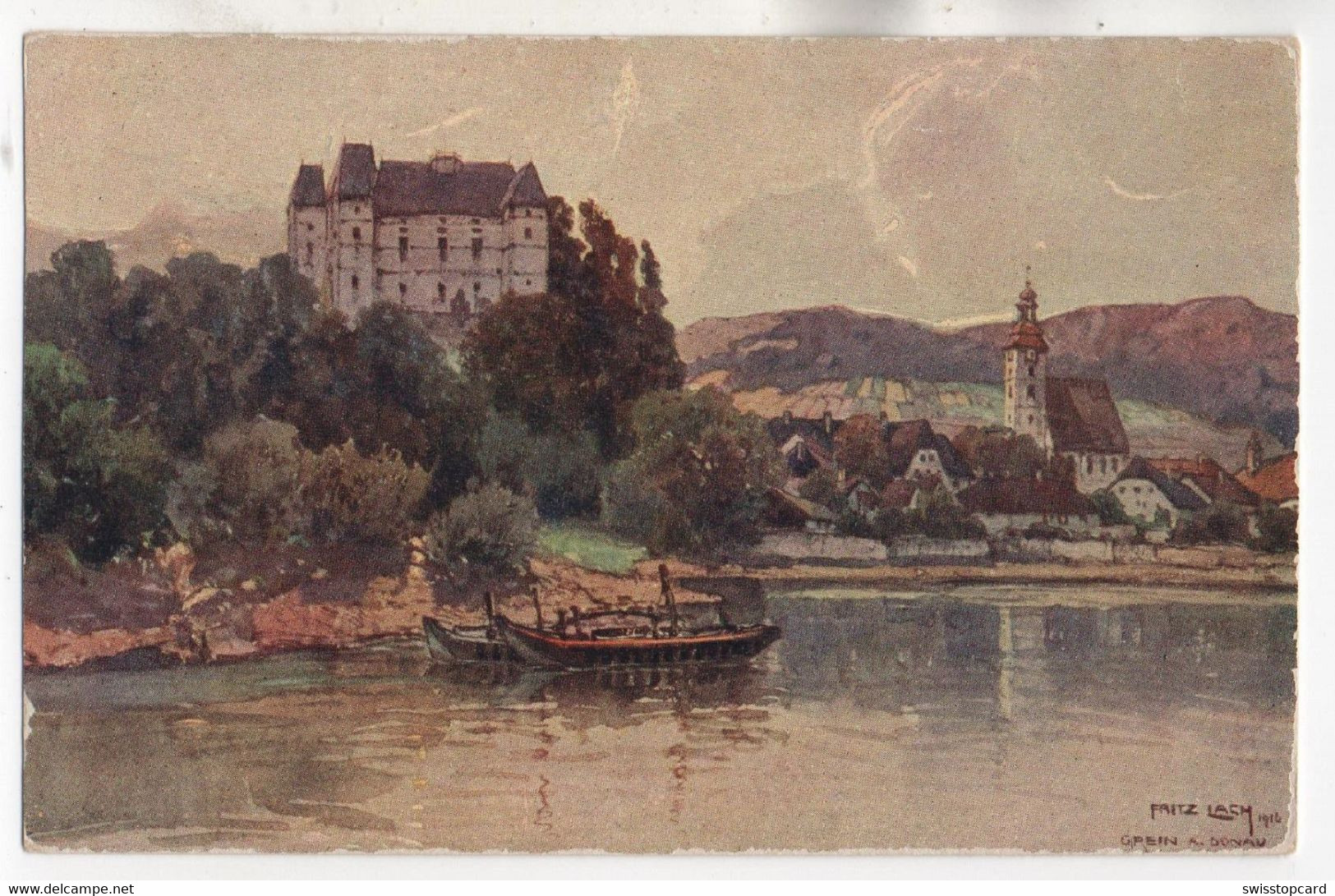 GREIN Nibelungenweg Mit Schloss Greinburg Signiert Künstler Fritz Lach 1910 - Grein