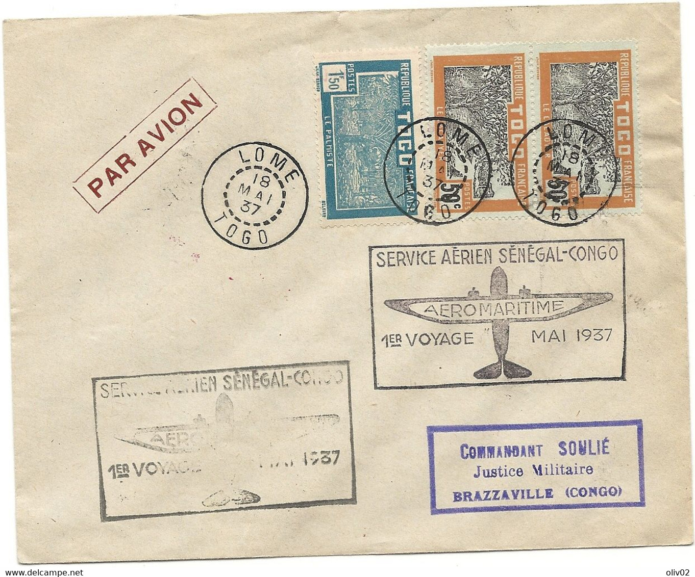 LOME - TOGO. Service Aérien SENEGAL-CONGO. 1er Voyage - Mai 1937 - Lettres & Documents