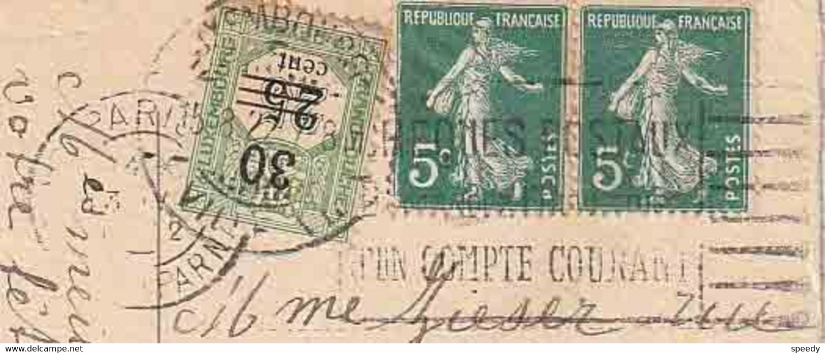 LUXEMBURG TAXE : PK PZ (Fr) 10 C."PARIS 13.VIII.1922" Naar Luxemburg Met In Blauw "30" En PZ Lux TAXE Nr. 9 (30 Op 25 C. - Impuestos