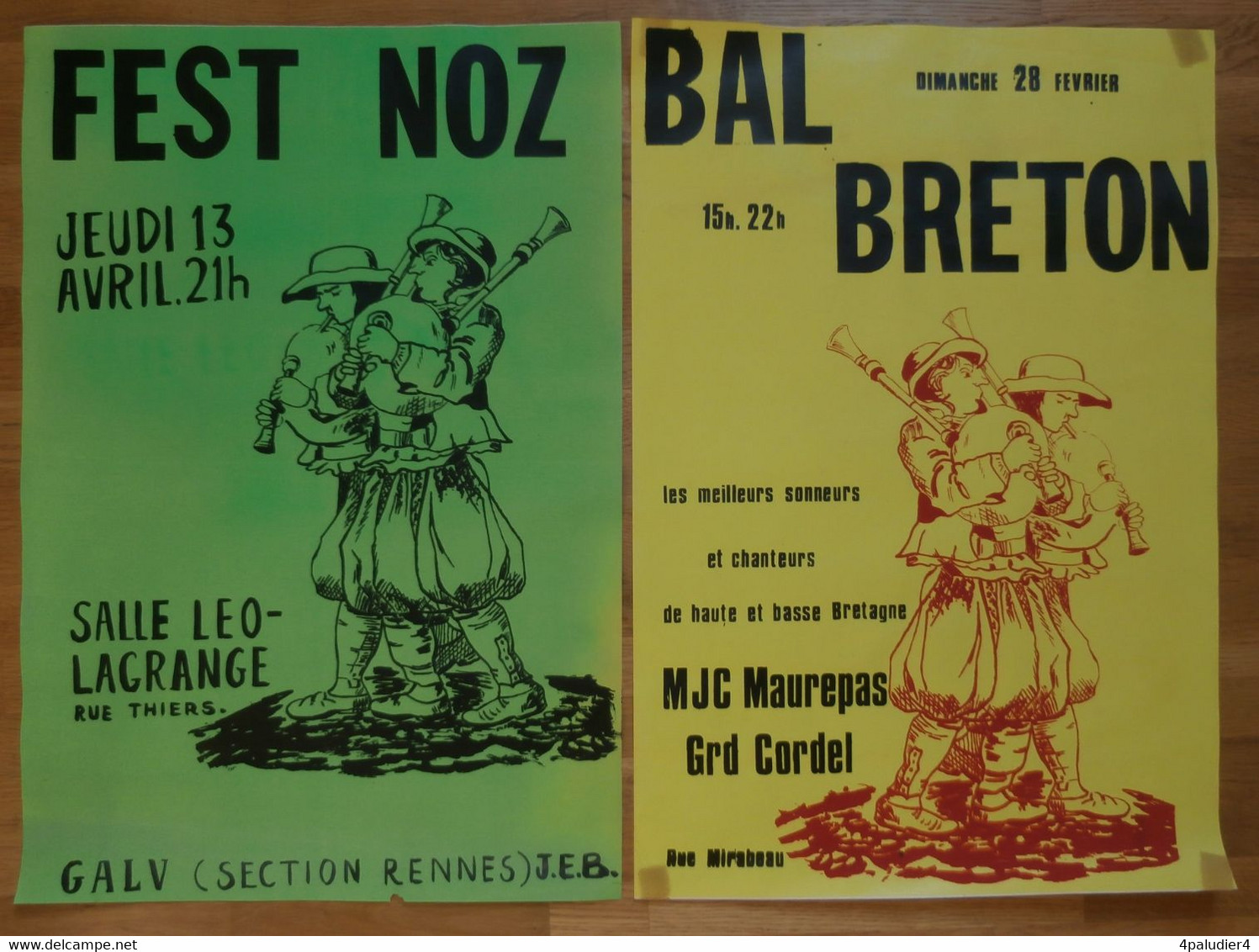 ( Bretagne  Musique )  2 Affiches Originales FEST NOZ BAL BRETON Rennes 1970 GALV  J.E.B. Meilleurs SONNEURS - Posters