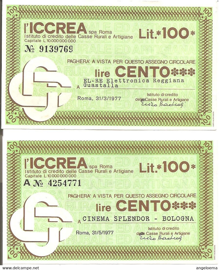 MINIASSEGNI - ICCREA El-Re Elettronica Reggiana Guastalla - Cinema Splendor Bologna  £.100x2 - [10] Assegni E Miniassegni