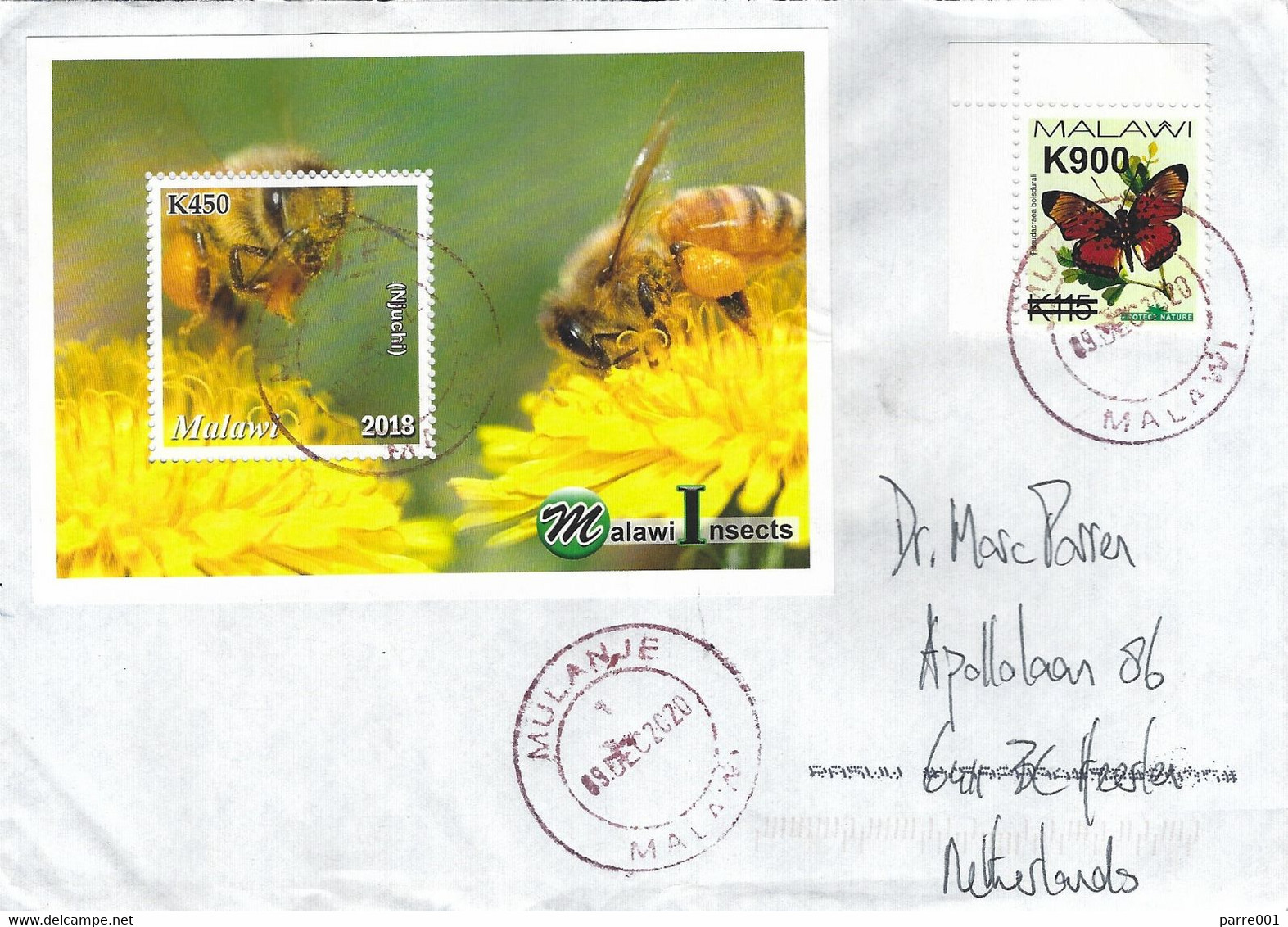 Malawi 2020 Mulanje Honey Bee Megachile Zombae MS Boisduval’s False Acraea Fat Overprint K900 On K115 Cover - Abeilles