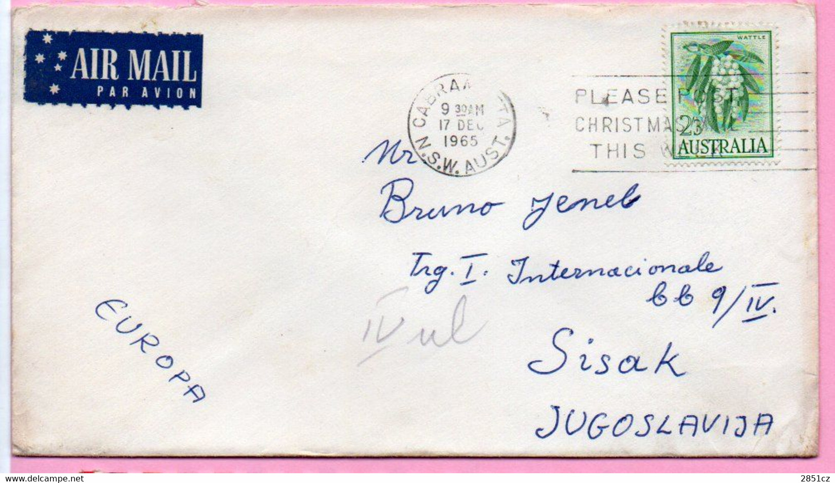 Envelope -  Stamp Flower / Postmark Cabramatta / Christmas, 1965., Australia To Yugoslavia, Air Mail - Ohne Zuordnung