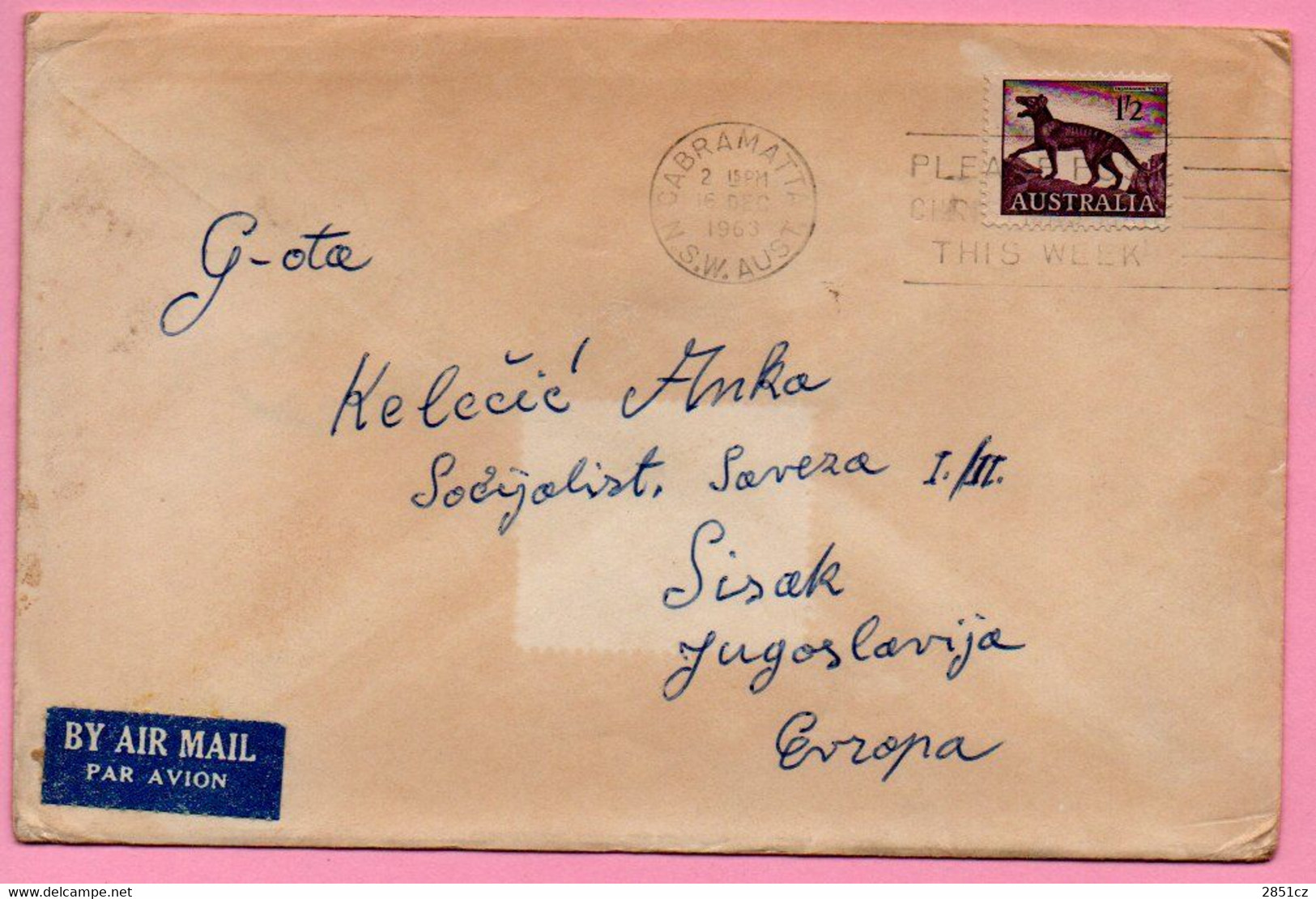 Envelope -  Stamp Tasmanian Tiger / Postmark Cabramatta, 1963., Australia To Yugoslavia (postmark Sisak), Air Mail - Unclassified