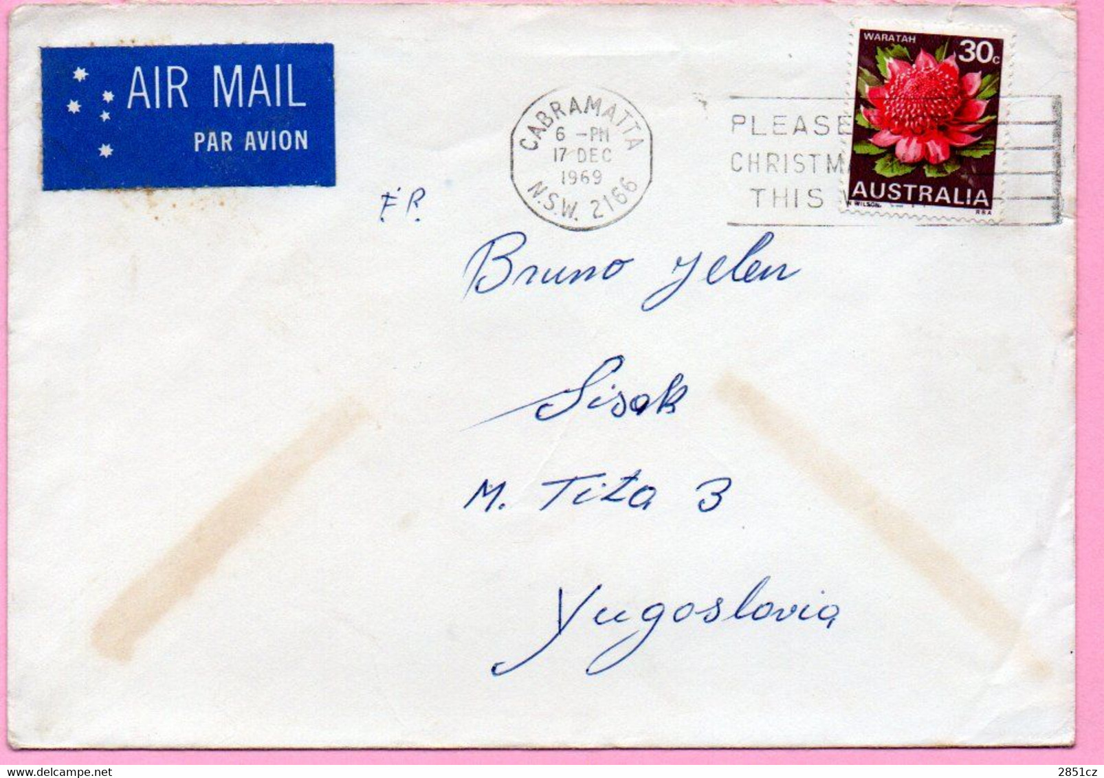 Envelope -  Stamp Flower / Postmark Cabramatta / Christmas, 1969., Australia To Yugoslavia, Air Mail - Unclassified