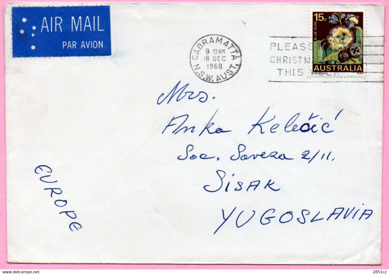 Envelope -  Stamp Flower / Postmark Cabramatta / Christmas, 1968., Australia To Yugoslavia, Air Mail - Sin Clasificación