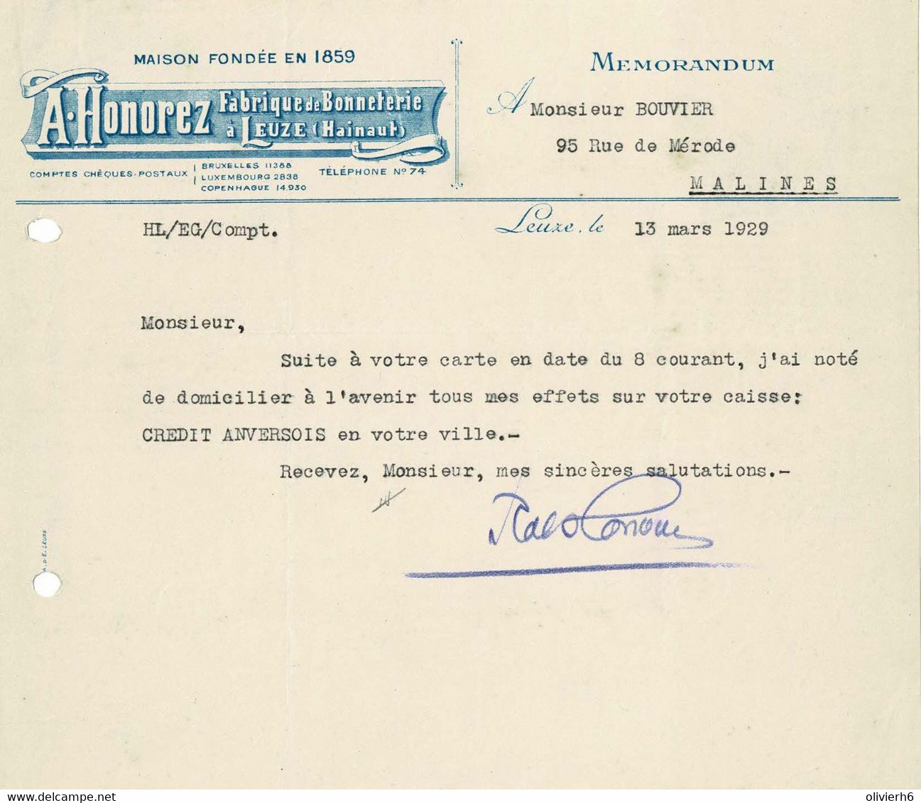 VP FACTURE 1929 (V2030) A. HONOREZ (1 Vue) Fabrique De Bonneterie - LEUZE - MEMORANDUM - Kleidung & Textil