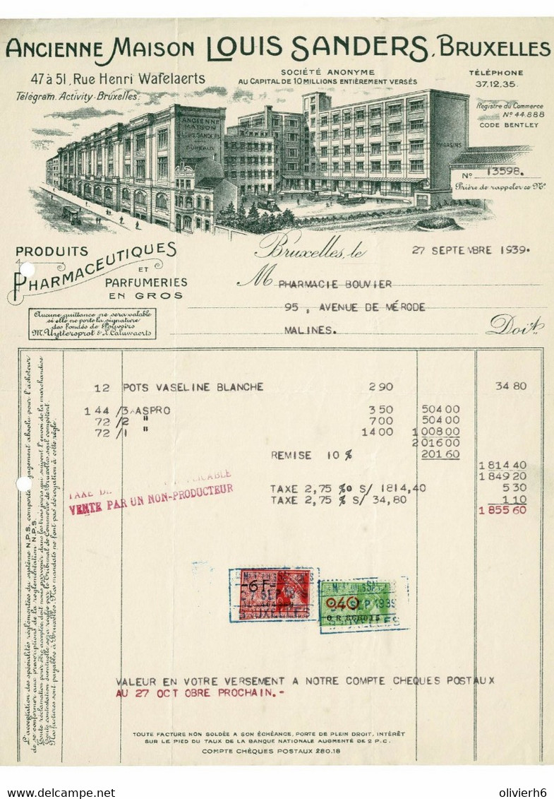 VP FACTURE 1939 (V2030) Ancienne Maison LOUIS SANDERS (1 Vue) PRODUITS PHARMACEUTIQUES & PARFUMERIES EN GROS St-Gilles - Chemist's (drugstore) & Perfumery