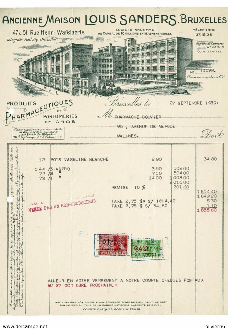 VP FACTURE 1939 (V2030) Ancienne Maison LOUIS SANDERS (1 Vue) PRODUITS PHARMACEUTIQUES & PARFUMERIES EN GROS St-Gilles - Perfumería & Droguería