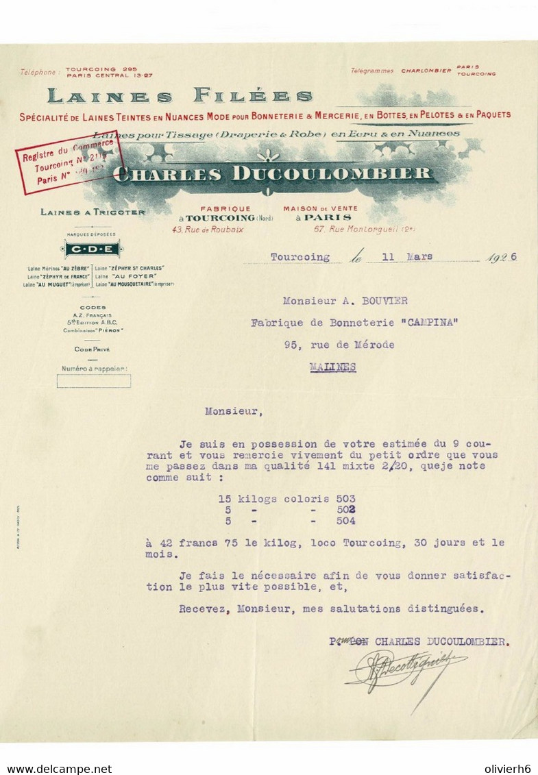 VP FACTURE 1926 (V2030) CHARLES DUCOULOMBIER (1 Vue) Laines Filées - TOURCOING Rue De Roubaix - Textile & Vestimentaire