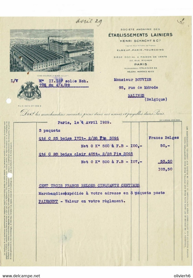 VP FACTURE 1929 (V2030) HENRI SCHACHT & Cie (1 Vue) Etablissements LAINIERS - ELBEUF - PARIS - TOURCOING - Kleidung & Textil