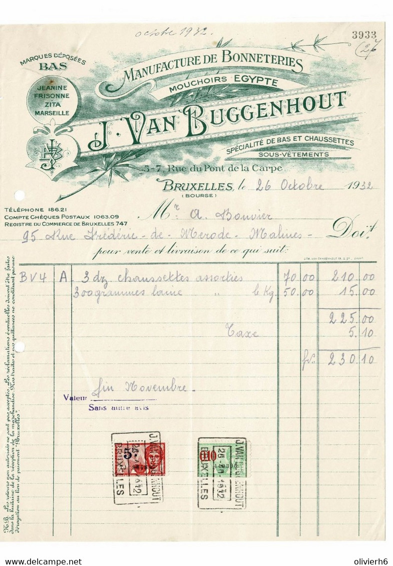 VP FACTURE 1932 (V2030) J. VAN BUGGENHOUT (1 Vue) Manufacture De BONNETERIES Mouchoirs EGYPTE BRUXELLES Pont De La Carpe - Textile & Clothing