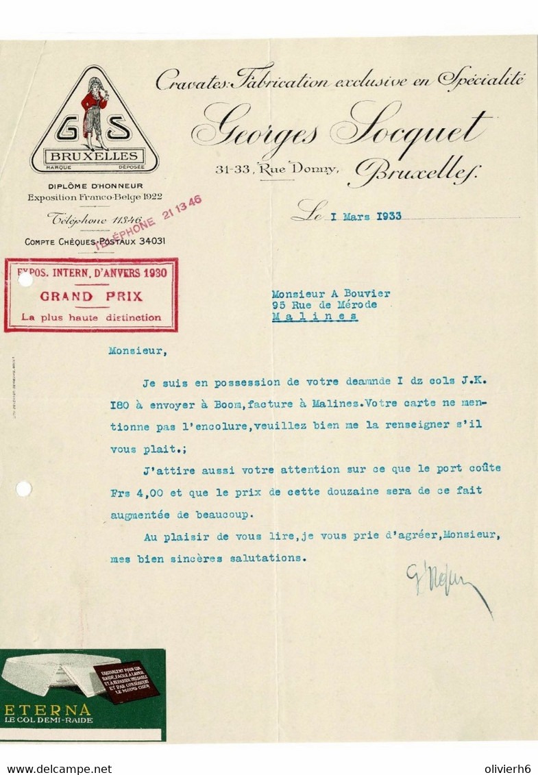 VP FACTURE 1933 (V2030) GEORGES SOCQUET (1 Vue) CRAVATTES Fabrication Exclusive En Spécialité BRUXELLES Rue Donny, 31 - Kleidung & Textil
