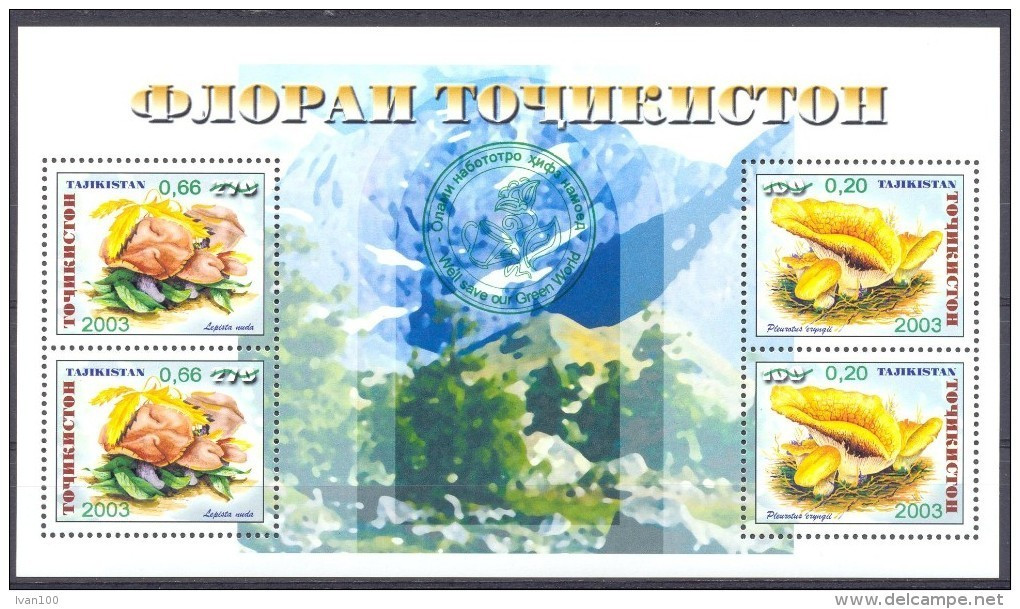 2004. Tajikistan, Mushrooms, S/s With Green Overprint,  Mint/** - Tayikistán