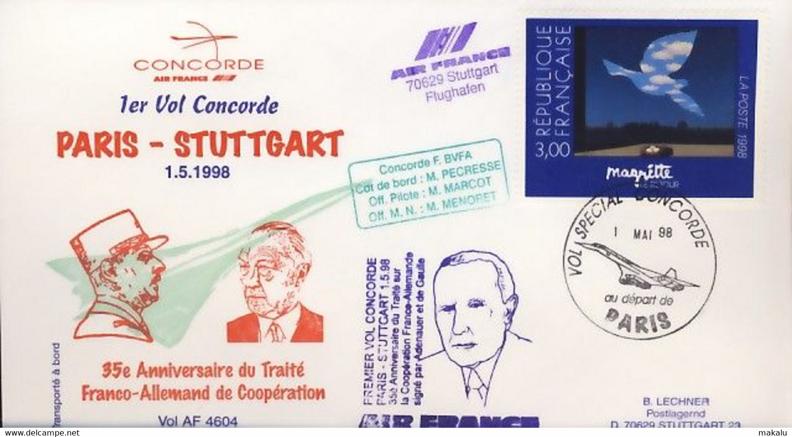 France Concorde 1er Vol Paris Stuttgart 1998 Pour 35e Anniversaire Du Traité Franco-allemand De Gaulle Adenauer - Aerei