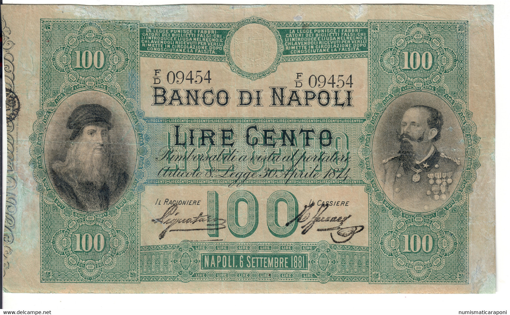 BANCO Di Napoli 100 Lire 06 09 1881 R2 RR Restauri Diffusi E Angolino Ricostruito Leonardo Da Vinci Vitt. Em Lotto.3156 - Ohne Zuordnung