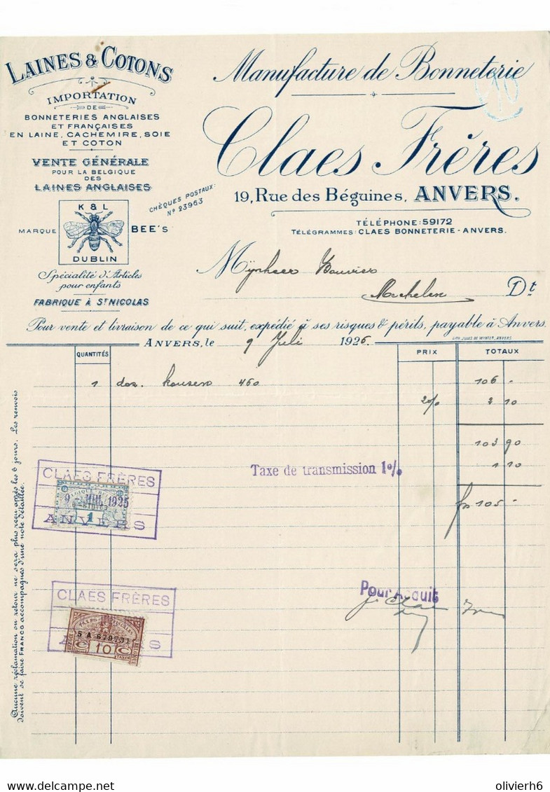 VP FACTURE 1925 (V2030) CLAES FRèRES (1 Vue) Manufacture De BONNETERIE - ANVERS Rue Des Béguines, 19 - Kleidung & Textil